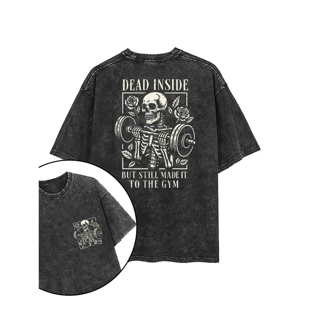Funny Gothic Skeleton Lift Graphic T-Shirt, Oversized Washed "Dead Inside" Top with Double-Sided Print for Gym Workouts, Graphic Tee