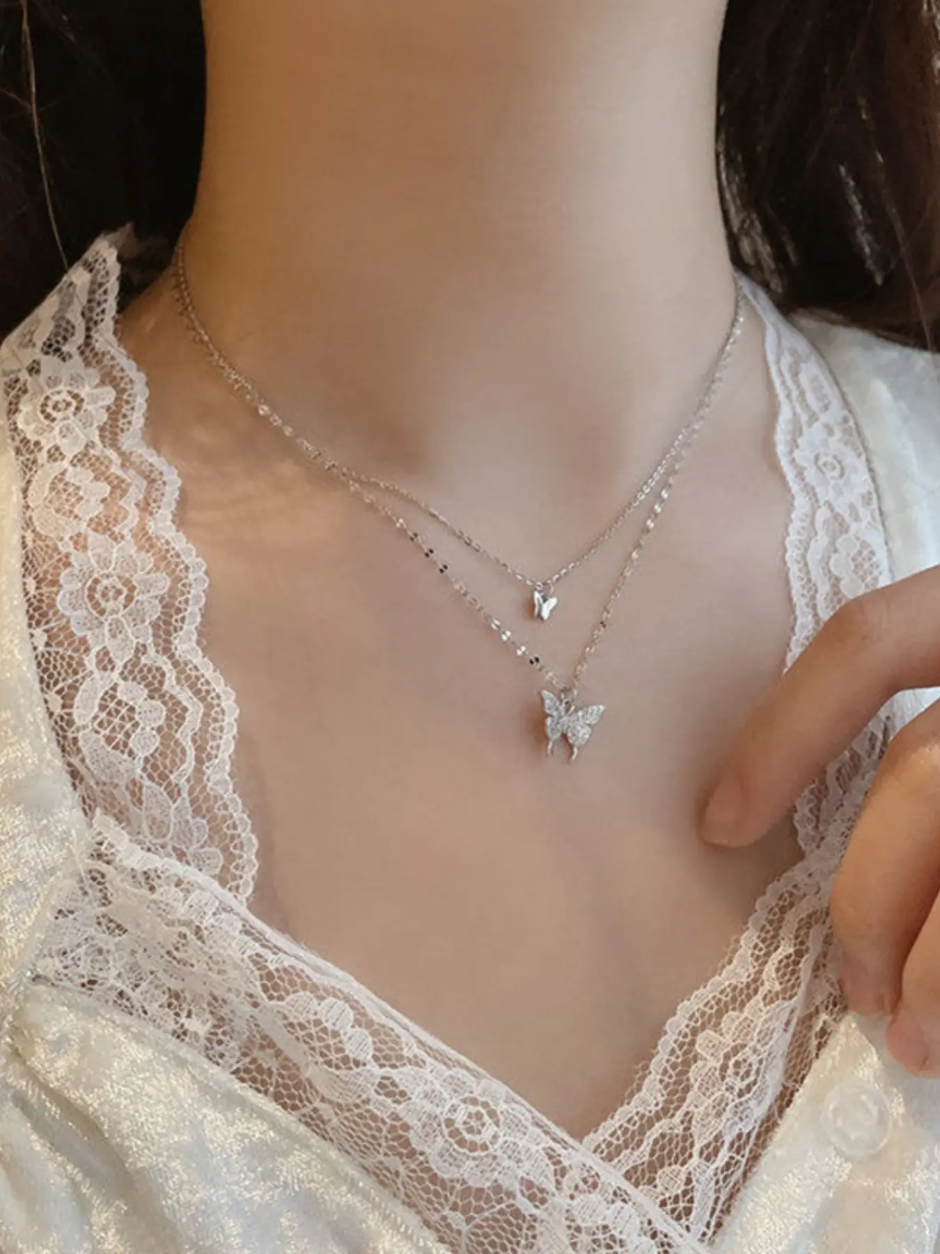 Elegant Women's Two-Layer Butterfly Necklace, Lightweight Simple Design for Daily Wear and Parties, Valentine's Gift, Twisted Chain Jewelry, Double Layered Jewelry