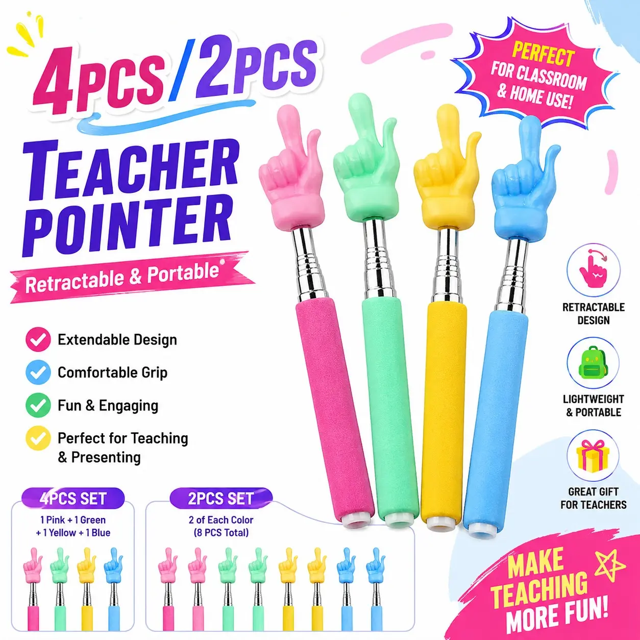 4pcs/2pcs Extendable Teacher's Classroom Pointer, Mini Retractable Handheld Pointer Stick, Finger Pointer, Reading Pointer Pen, Student and Teacher Supplies, Office Gadgets