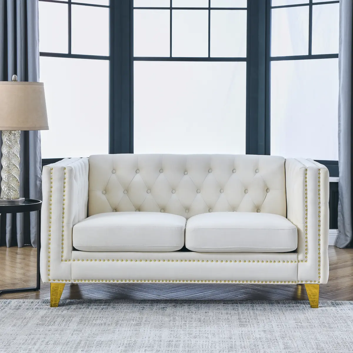 Velvet Sofa 2-Seater Couch Loveseat for Living Room,Buttons Tufted Square Arm Couch, Modern Couch Upholstered Button and Metal Legs, Sofa Couch for Bedroom, Beige Velvet