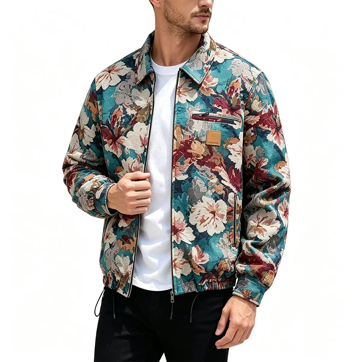 Men Fashion Vintage Oil‑Painting Floral Jacquard Jacket, Lapel Collar Full Zip Tapestry Outer Coat, Ribbed Cuffs, Drawstring Hem Design Multi‑Pocket For Daily Travel Street Dressing