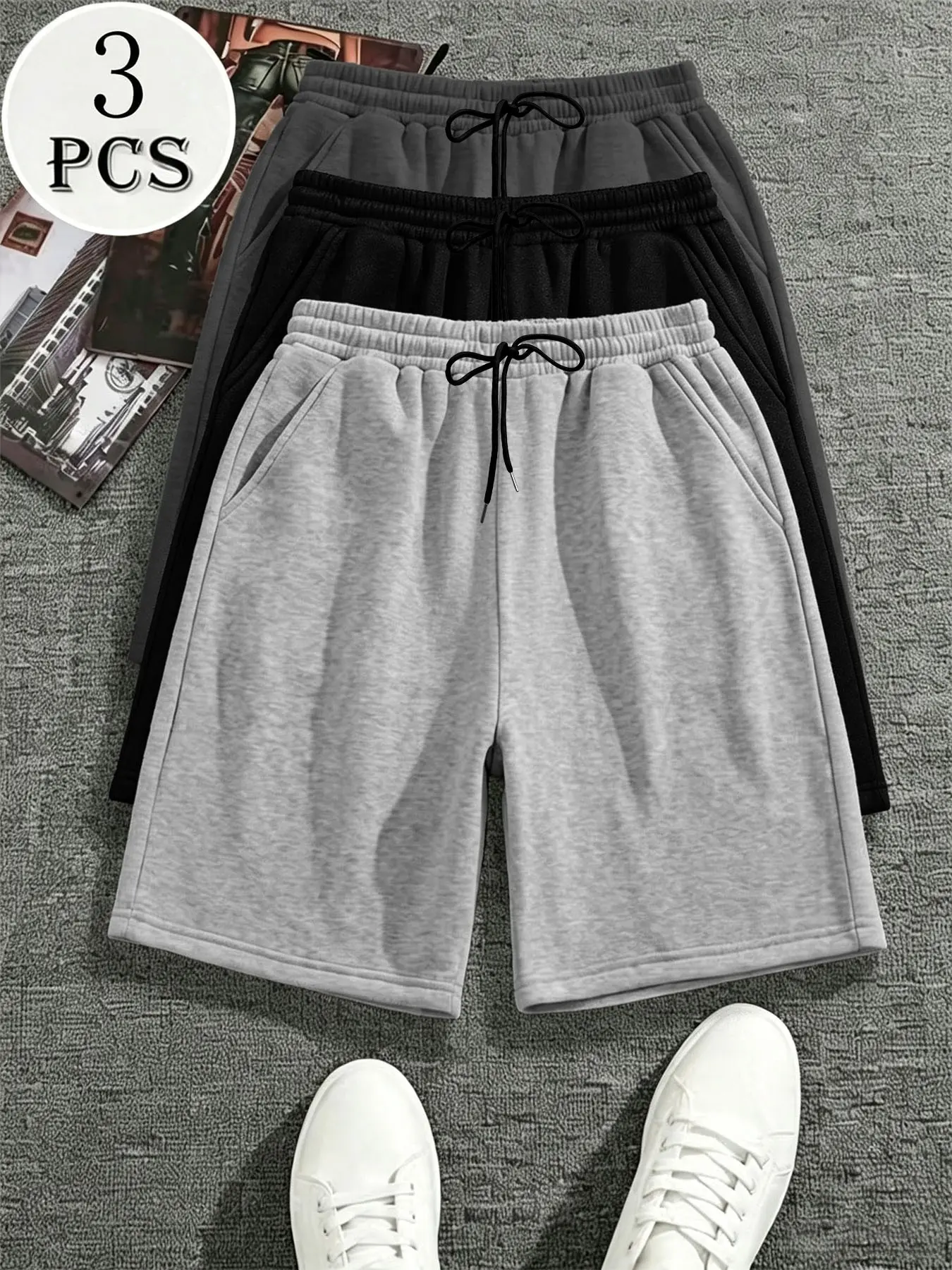 3 Pc Men's Casual Sweat Shorts Set, Light Gray Black and Charcoal, Loose Fit Drawstring Shorts with Pockets for Gym, Travel & Daily Wear