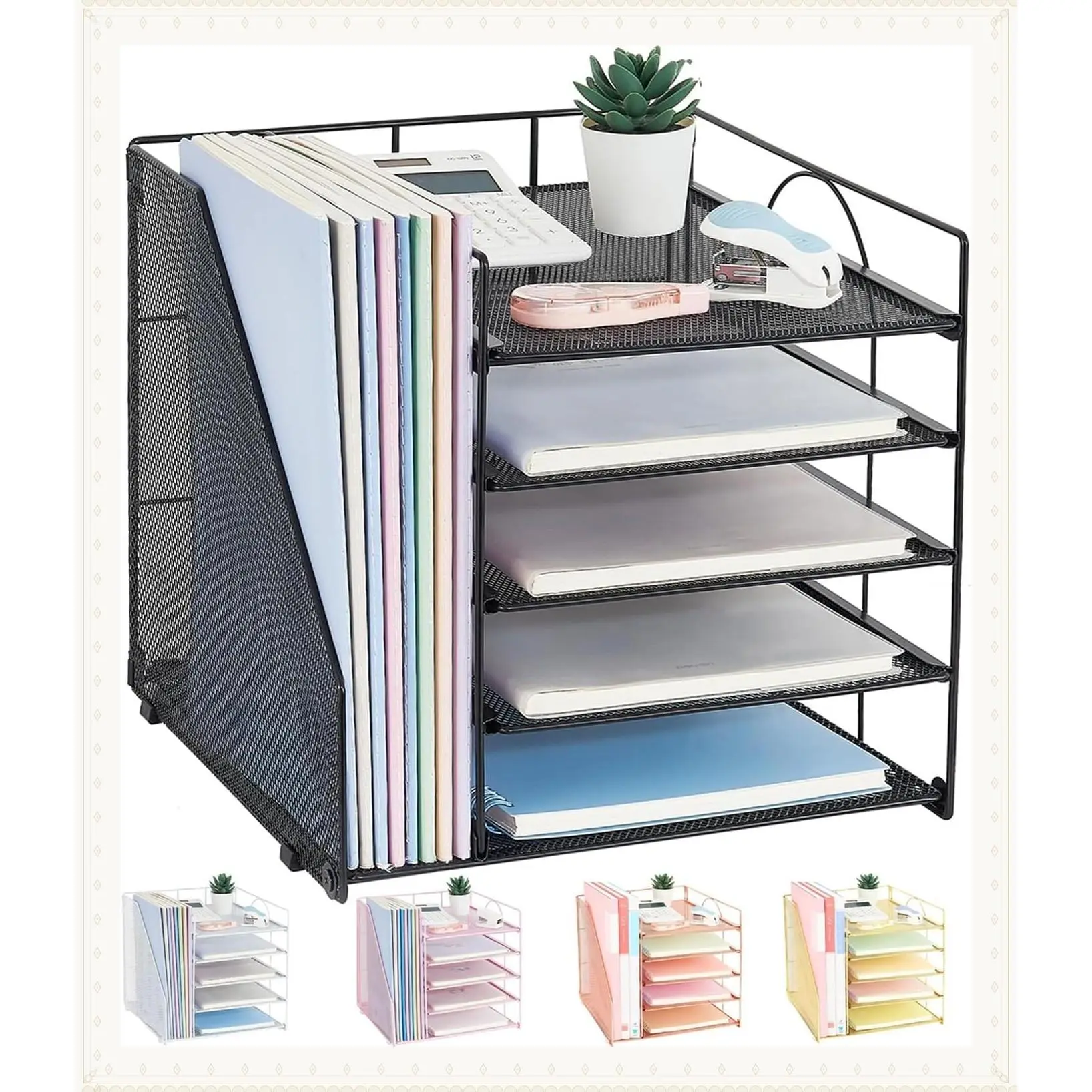5-Tier Paper Letter Tray Organizer with File Holder, Desktop Organizer for Office Supplies, BlackGift