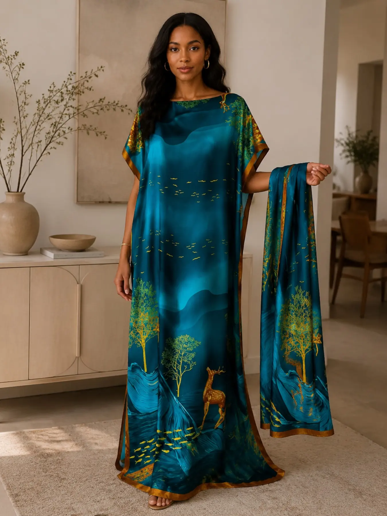 Plus Size Women's Kaftan Set, Boho Casual Kaftan, Loose Batwing Sleeve, Velvet Robe, Dress with Matching Scarf, Oriental Deer Pattern, Casual Home Wear, Beach Cover-Up