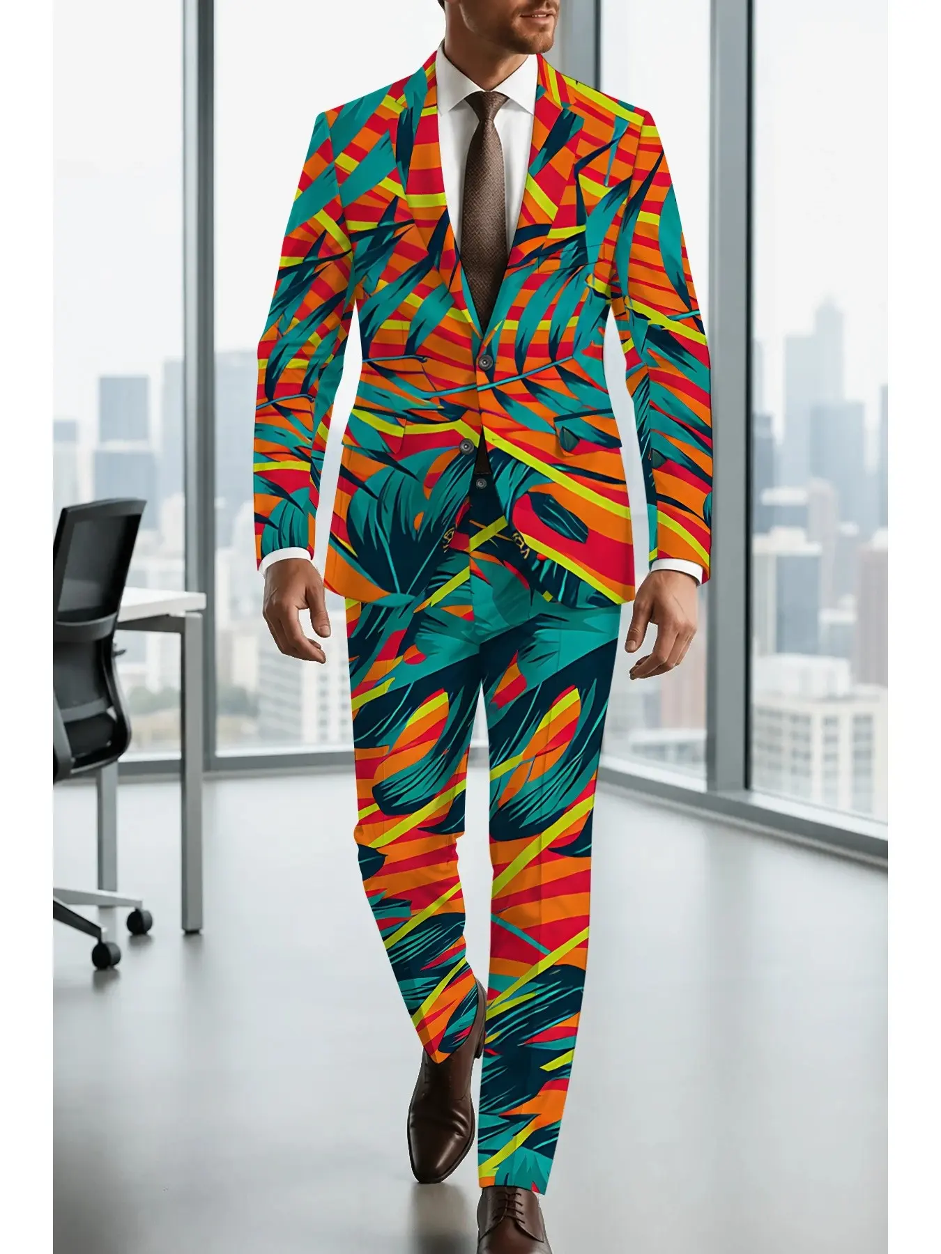 Vintage Hawaiian Fern Print Blazer Set, High Saturation Color Block Men's Party Walk Show Creative Casual Suit, Unique Fashion Gift