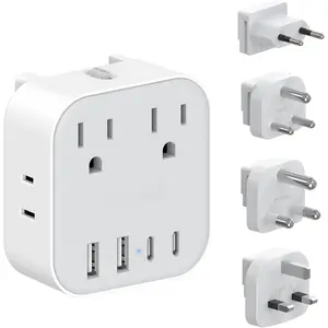 European Travel Plug Adapter Set, 8-in-1 Travel Adapter with 4 Outlets, 4 USB Ports (2 USB C),  to UK/EU/South , International Power Adapter with Type C/G/D/M Detachable Plugs