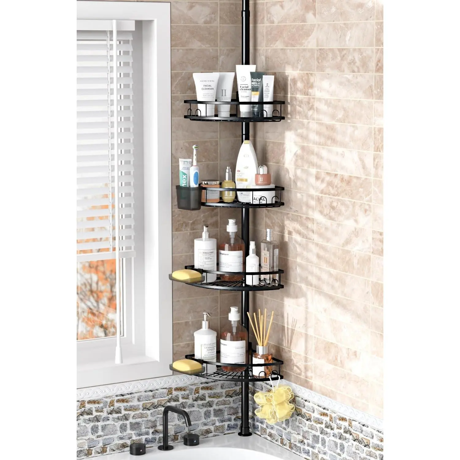 Tension Pole Shower Caddy Corner Adjustable 4-Tier Bathroom Organizer Shelves Rustproof Bathtub Shampoo Rack No-Drill Standing Shower Caddy for Renters Apartment Family Bathroom 31-124 inch