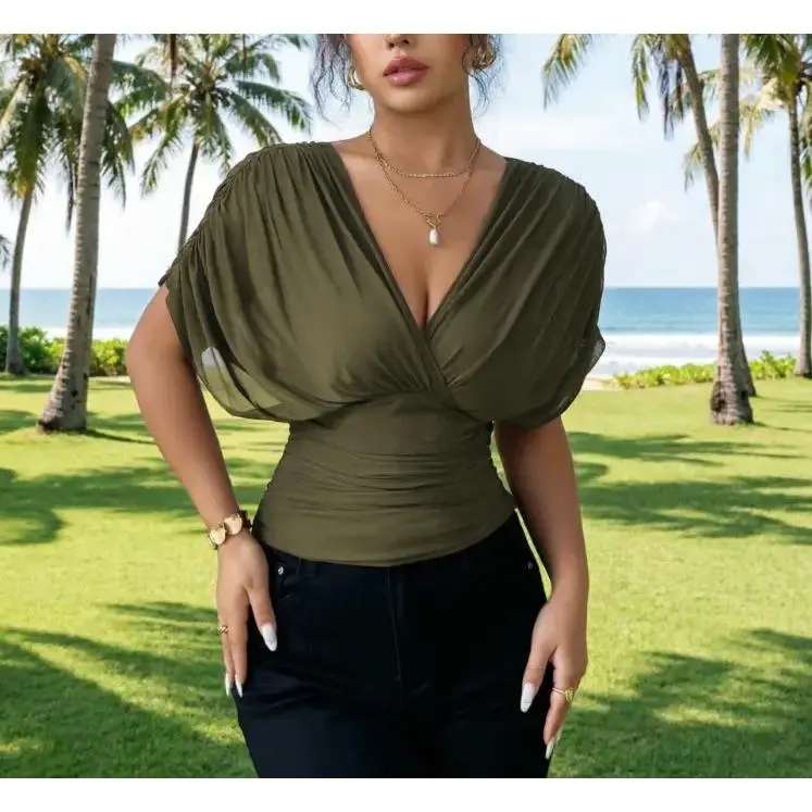 Women's Polyester Plain Blouse - Deep V-Neck, Flutter Sleeves, Fitted Waist, Open Back, Back Tie, Chic Aesthetic, Machine Washable, Cruise Outfits