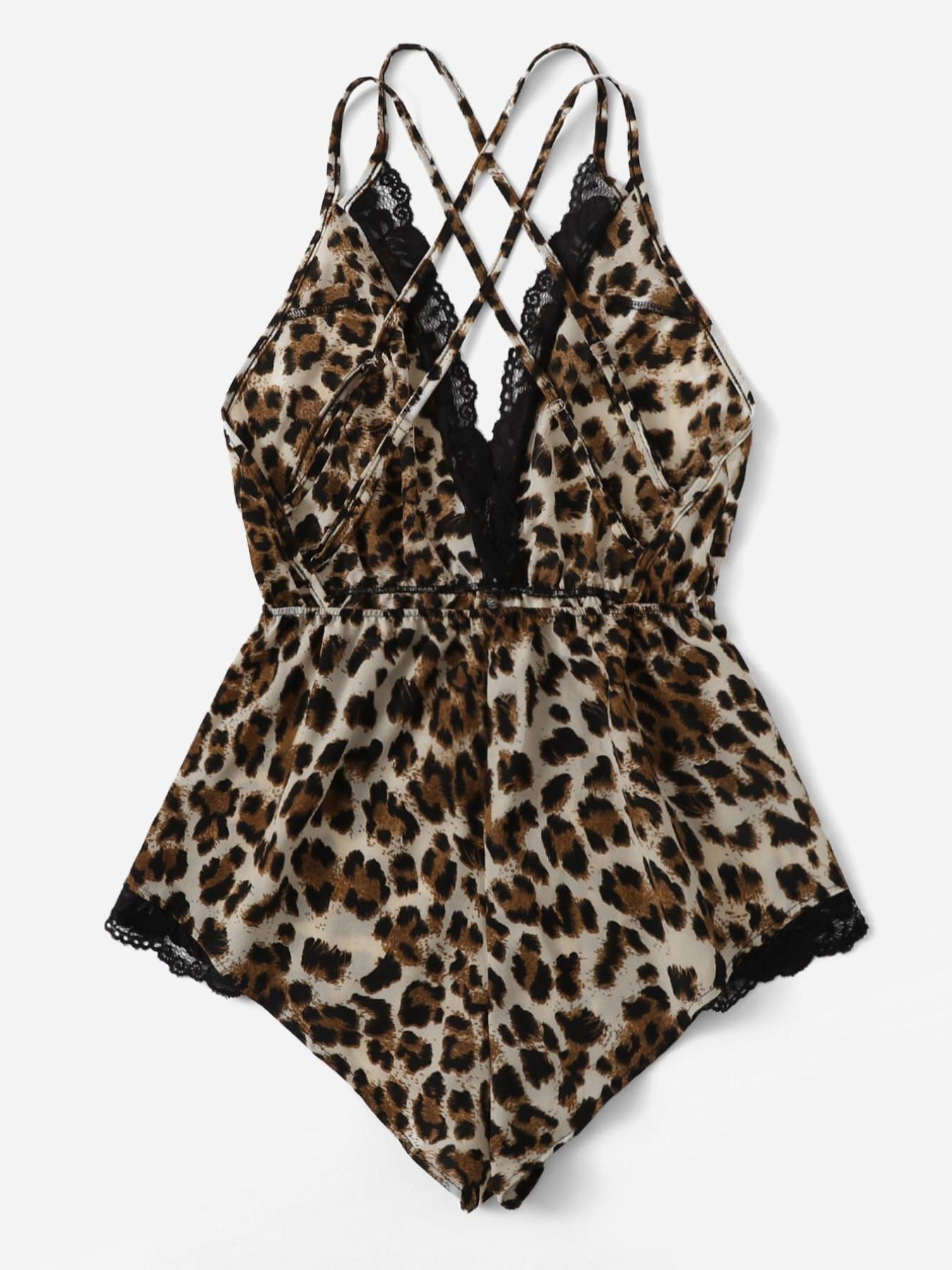 Women's Soft Satin Leopard Print Backless Criss Cross PJ Cami Rompers, Spaghetti Strap Satin Lounge Pants, Women's Sleepwear for All Seasons, Lingerie