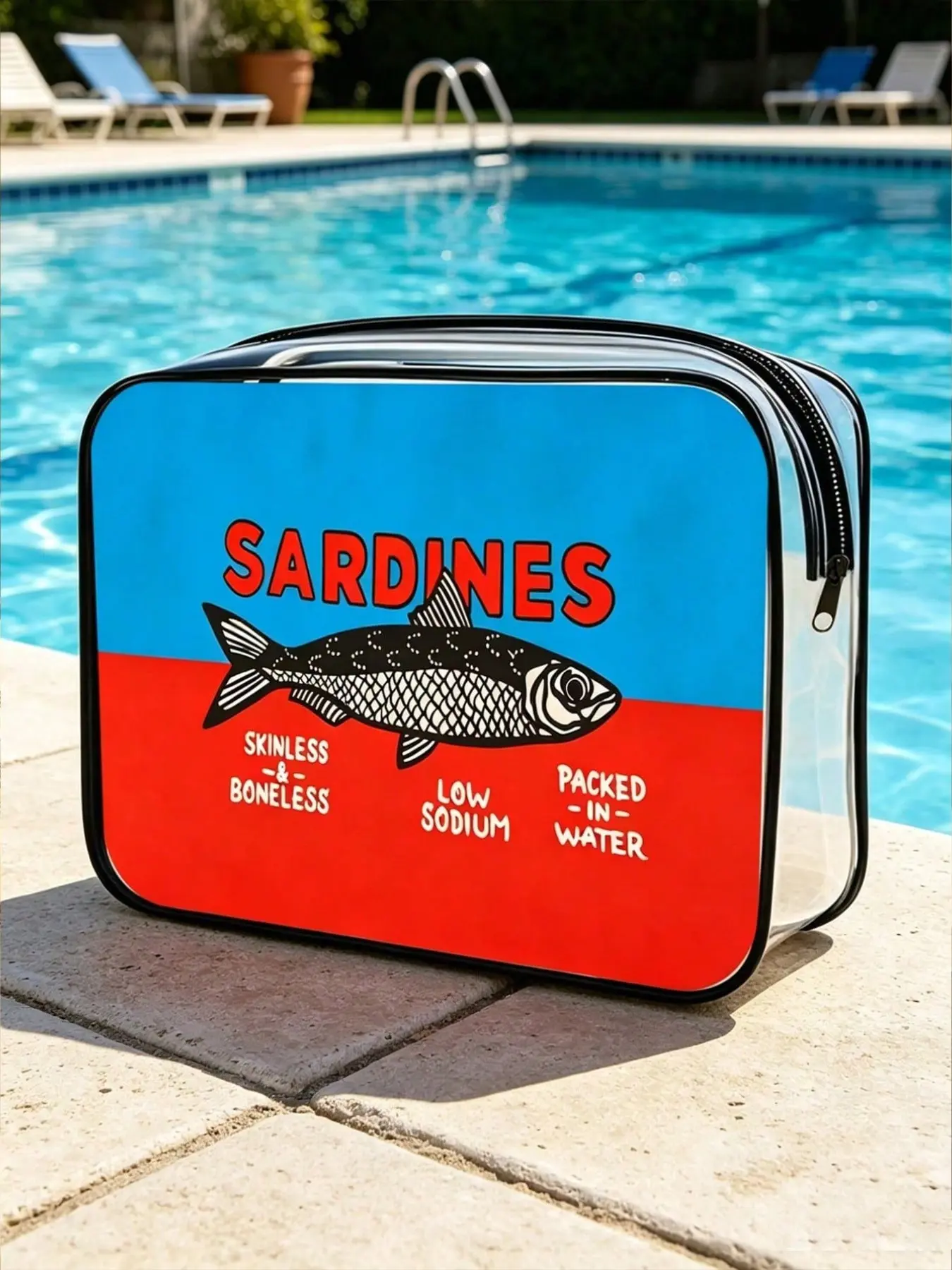 Vintage Blue Split Sardine Can Food Bag, Printable Transparent Toiletry Bag, Waterproof PVC Travel Makeup Bag, Lightweight Beach Pool Essential