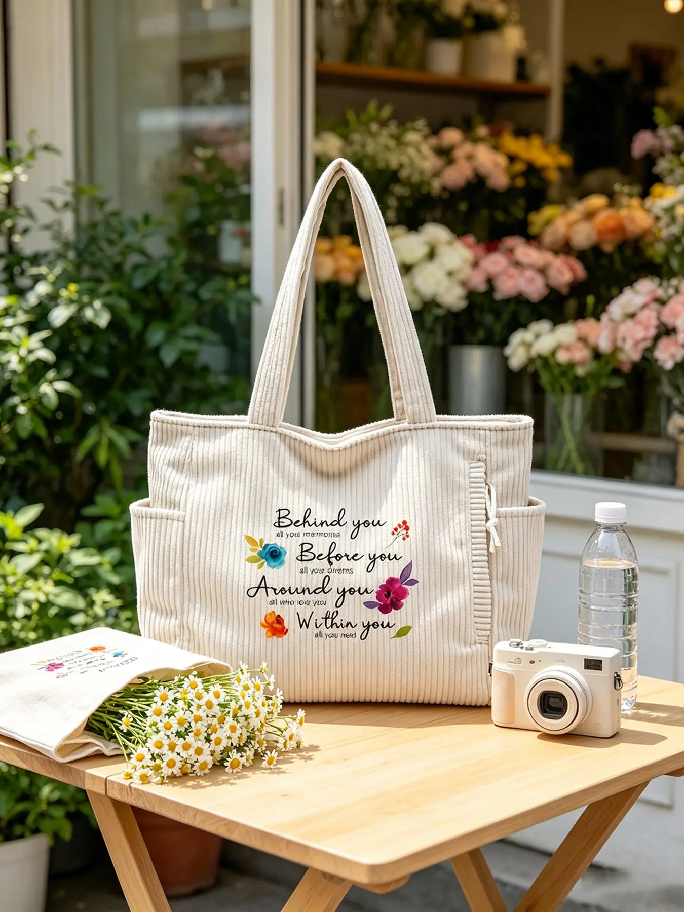Floral Motivational Quote Corduroy Tote Bag, Cream Vertical Stripes Large Capacity Shoulder Bag, Multi-Pocket Lightweight Travel Shopping Bag
