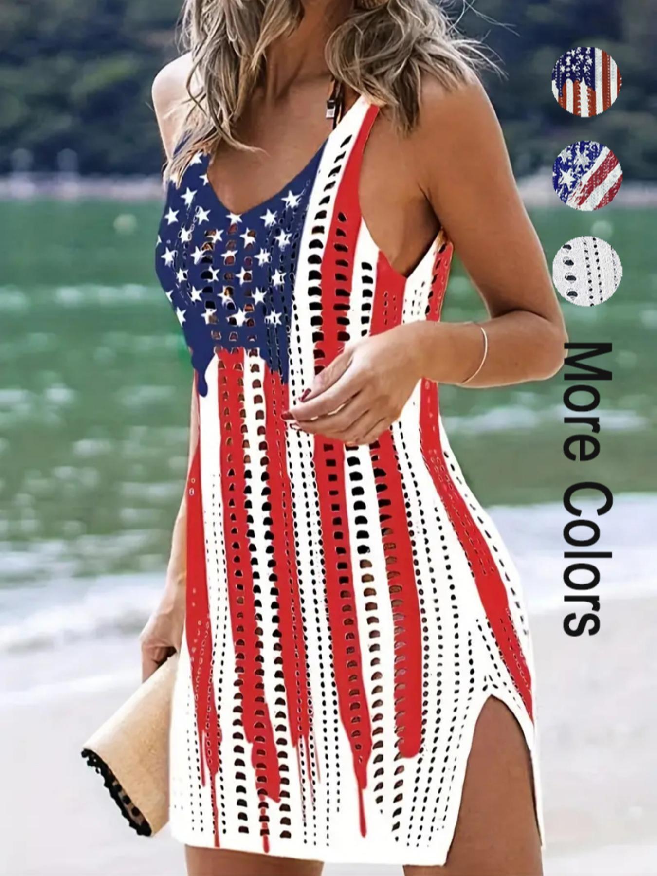 Women's American Flag Pattern Hollow Out Split Thigh 4th Of July Tank Dress, Casual Summer Scoop Neck Sleeveless A Line Dress for Summer, Casual Wear, Summer Casual Sundress, Casual Dresses