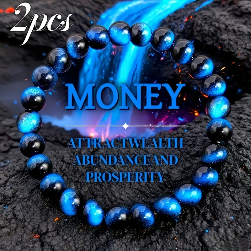 Pack of 2 bohemian bracelets with 8mm natural blue tiger eye beads. Neutral ornamental accessories fit men and women, nice birthday gifts for daily matching, Boho Style Bracelet
