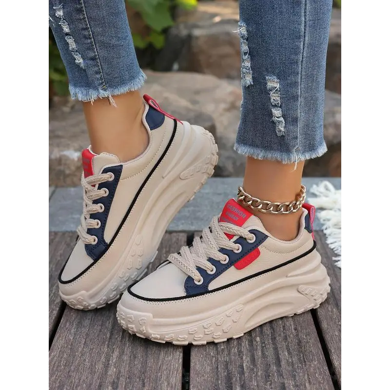 Women's Low-Top Platform Sneakers - Multicolor Patchwork Lace-Up Footwear with Freedom of Movement, Comfortable Casual Sports Shoes for Daily Wear, Multicolor1 CN37, Round Toe, Medium Width, Secure Lacing