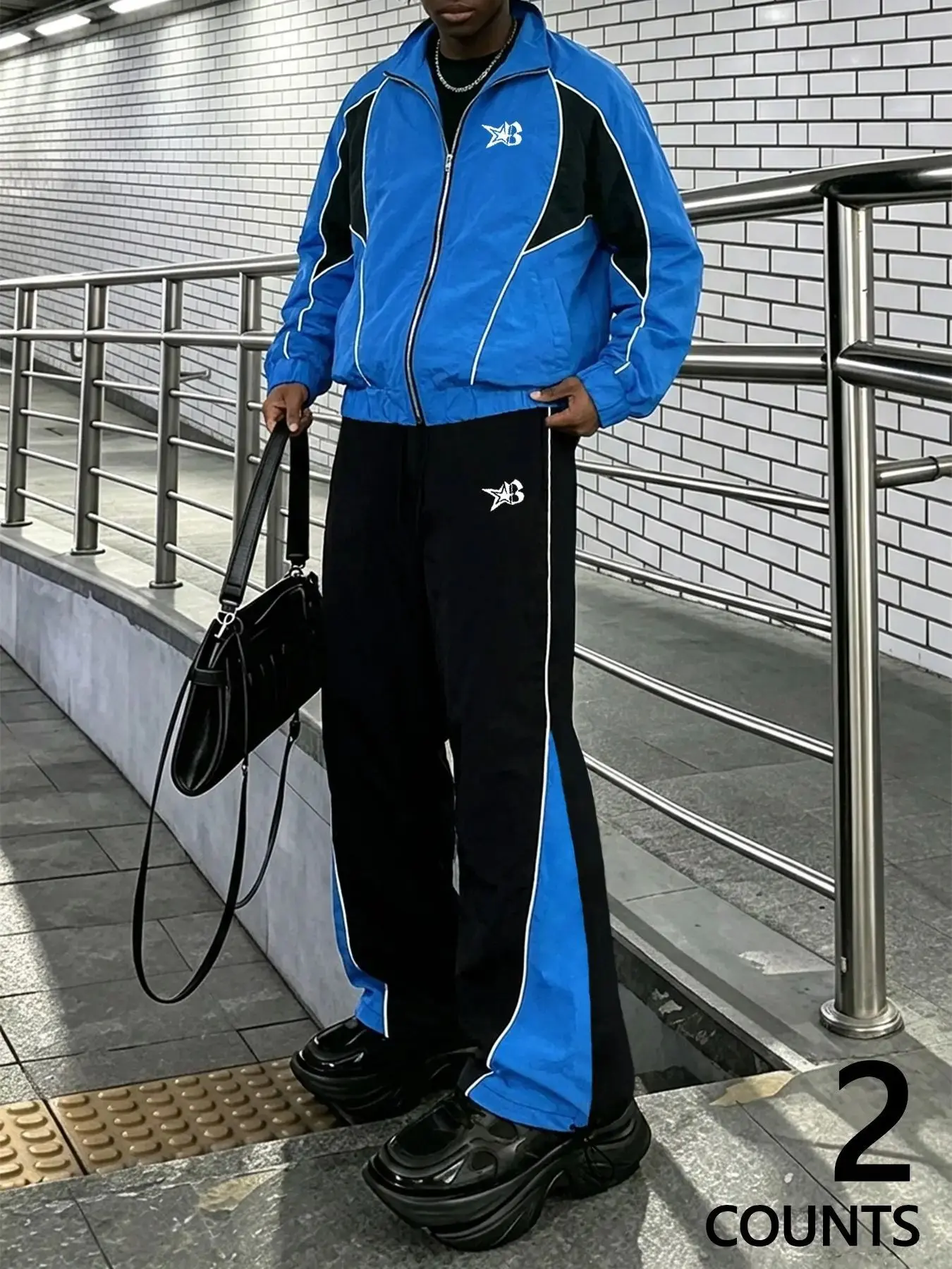 2 Pcs Men's Windbreaker Set Zip Up Jacket and Drawstring Pants Y2K Sporty Star Graphic Piping Loose Fit Activewear Suit