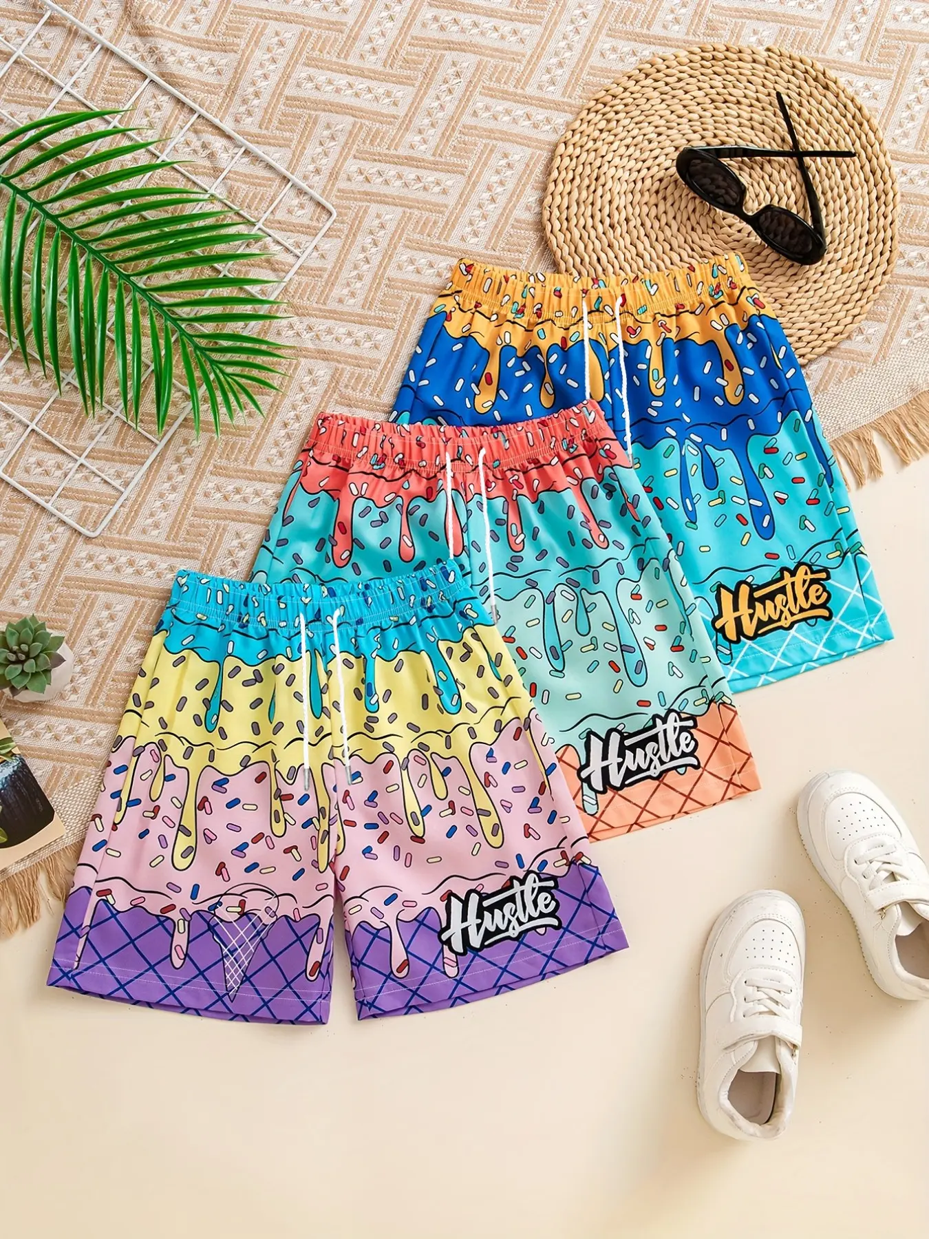 3-Pack Unisex Cartoon Ice Cream Graphic Print Shorts, Comfortable Summer Casual Beach Pants, Ideal for Outdoor Activities