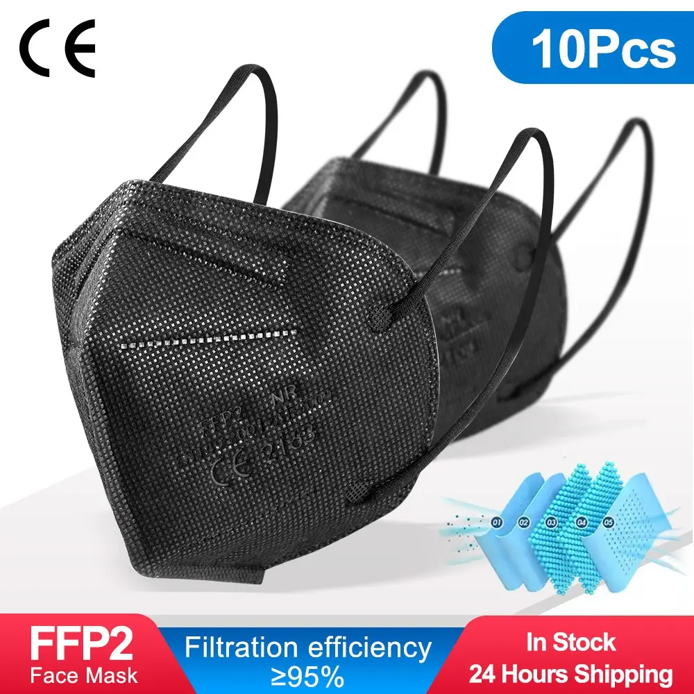 10 Pcs KN95 Face Masks, Premium 5-Layer Disposable Dust Mask Respirator for Adults, Black  ffp2mask Black kn95 mascarillas negra Adults 5Layers fpp2 approved kn95 CE Respirator Face Mask ffp2 reutilizable Dustproof Mask