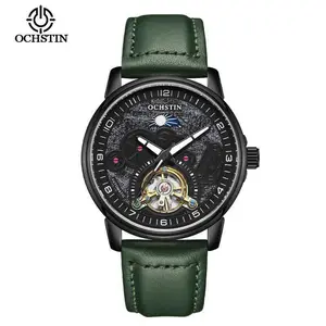 EliteTimepiece EcoSmart MartAutomatic Mechanical Men Watch, Moon Phase Calendar Multifunction Dial, Brown Crocodile Leather Strap, Business Vintage Dress Wristwatch