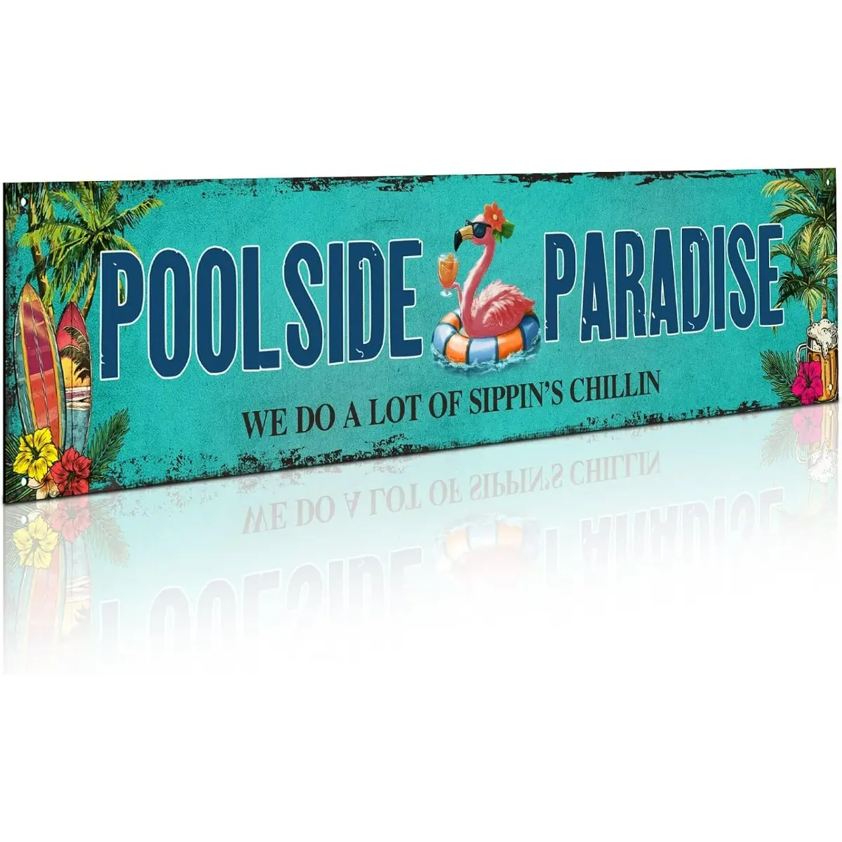 Lightweight Hanging Tropical Metal Sign, Decorative Poolside Paradise Outdoor Decor Plaque, Vintage Coastal Gift for Patio, Pool Area, 16x4 In, Tropical Vibe