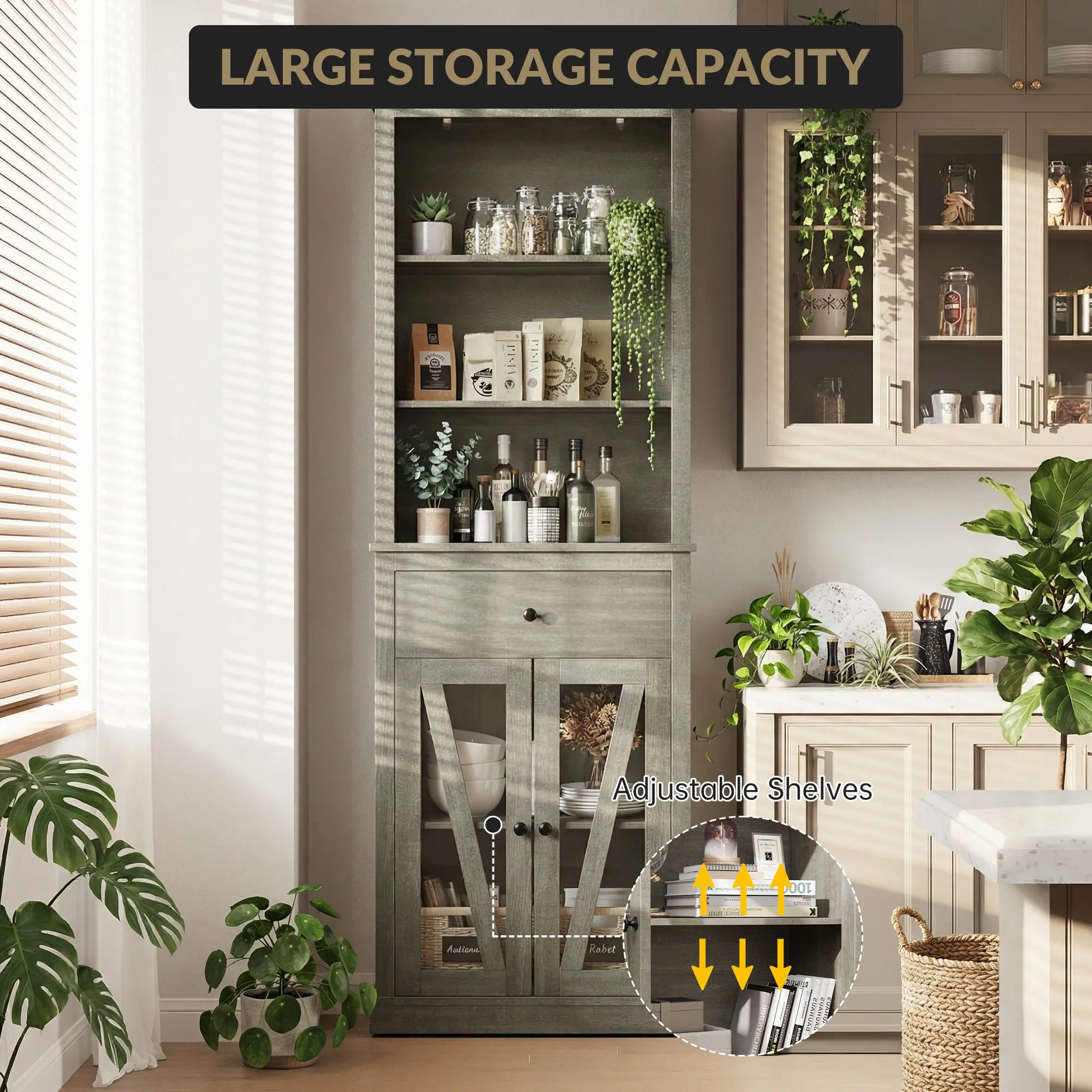 Farmhouse Entryway Storage Cabinet - 67'' Tall Freestanding Organizer - Adjustable Shelves, Drawers & Doors - Multi-Purpose Bookcase for Bathroom, Living Room, or Kitchen - Wooden Furniture