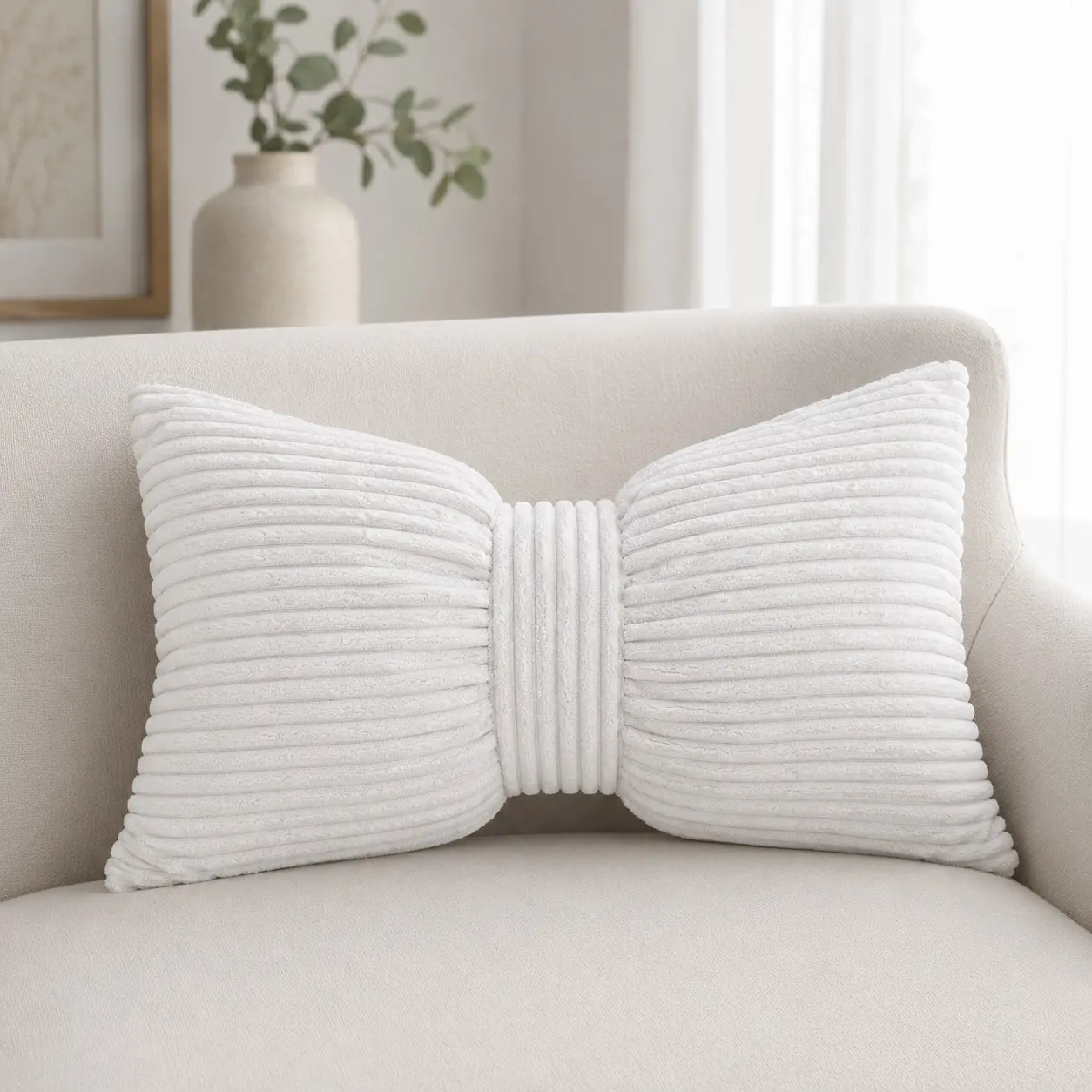 Bow Cushion Pillow, Cushions for Sofa, 30x50cm Striped Velvet Waist Rest, Includes Full Insert, Comfortable Sofa Bed Head Decor, All Seasons