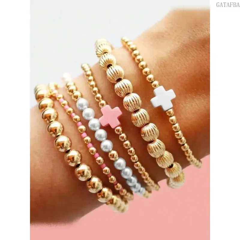 Women's 6Pcs Gold Stackable Beaded Bracelet Set - Trendy Paperclip Cross Layered, Elegant Minimalist Bangles, Non-Tarnish Hypoallergenic Dainty Layering Jewelry, Daily Party Gift Accessories (summerwins), Elegant Minimalist Bangle