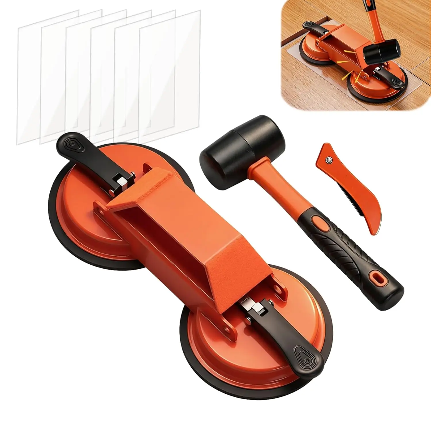 Floor Gap Fixer Home Repair Hand Tool Kit with Gap Cleaner, Rubber Hammer, 6 Sticky Pads & 45° Angled Striking Suction Cup for Laminate Vinyl Flooring, Hand Tools
