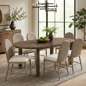 ARCH 7-Piece Oval Dining Table Set for 6, Rustic Farmhouse Solid Rubberwood Kitchen Table Set with 6 Chairs, Walnut Brown Fabric PE Rattan Chairs, 71-Inch Large Dining Room Furniture Set for Dining Room Kitchen Living Room, Brown+Beige/Walnut Color