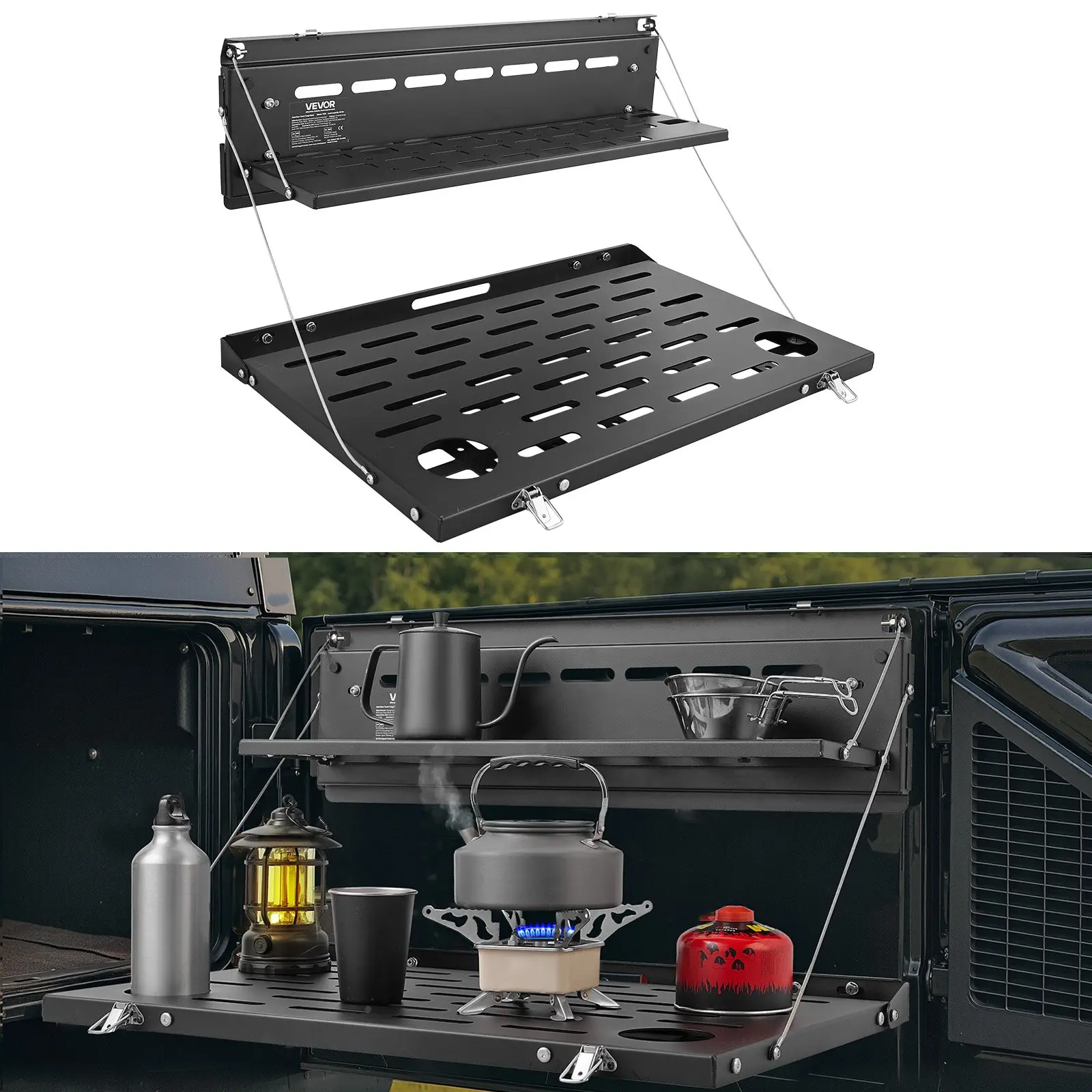 VEVOR Foldable Tailgate Table with MOLLE Panel, Drop-Down Rear Cargo Storage Shelf
