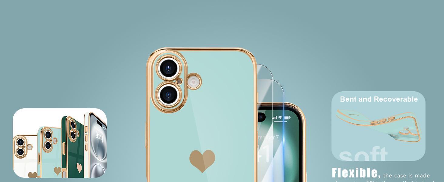 Teageo Compatible with iPhone 16 Case for Girl Women Cute Love-Heart Luxury Bling Plating Soft Back Cover Raised Camera Protection Bumper Silicone Shockproof Phone Case for iPhone 16, Pearl Aqua
