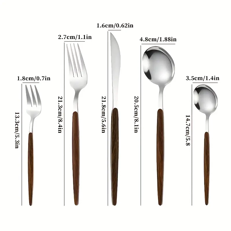 [30pcs Cutlery Set] 10/20/30pcs Portuguese Cutlery Set, Dinner Knife, Forks, Spoons, Teaspoon, and Tea Fork |   Wood Grain Handle Design, Dishwasher Safe |   Suitable for Home, Kitchen, Restaurant, Banquets, Weddings, Parties, and Festivals