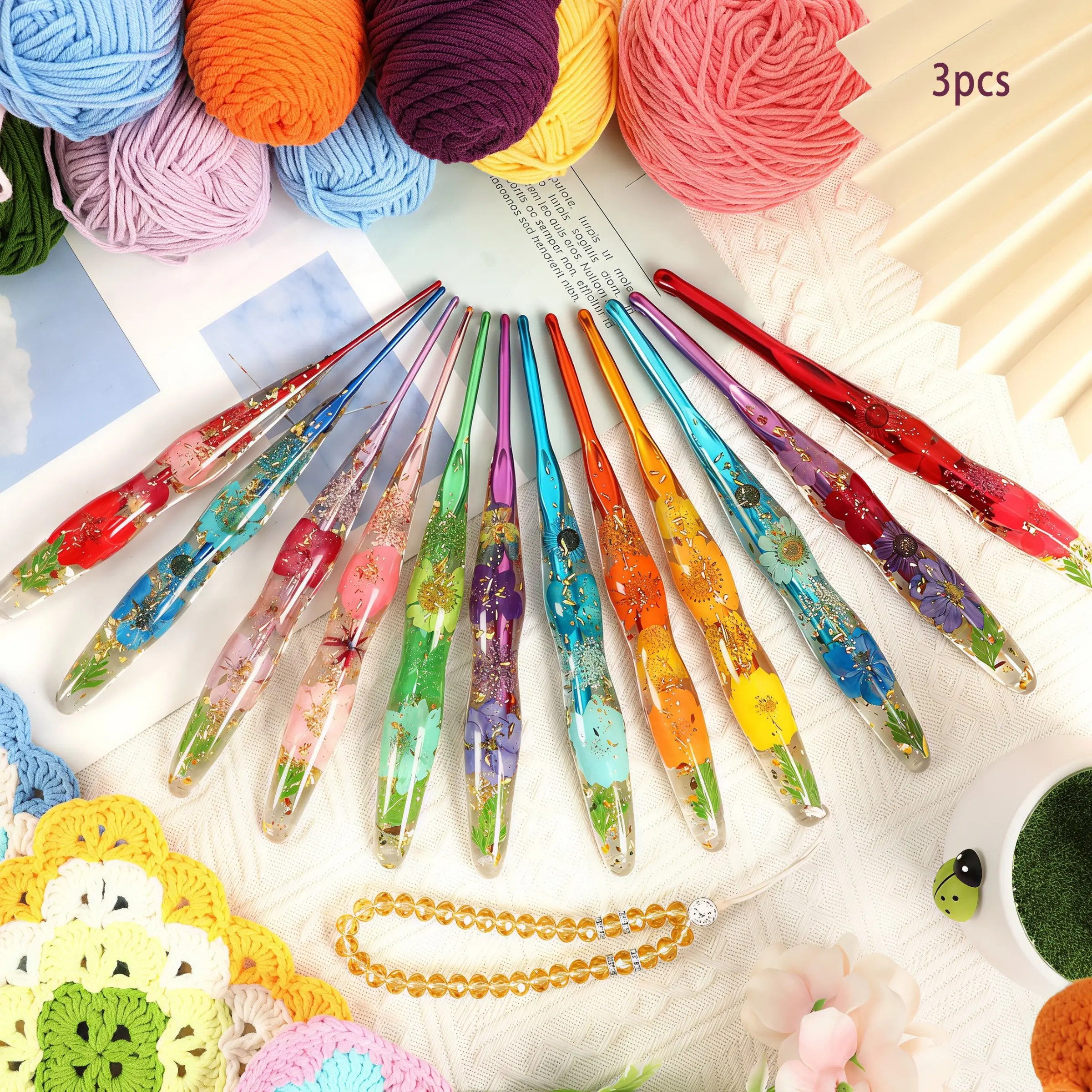 3Pcs Transparent Gourd Crochet Hooks, Floral Pattern Ergonomic Grip, Multicolor DIY Knitting Tools for Sweater Hat Craft, Ideal Christmas & Mom Gift, DIY Knitting Supplies