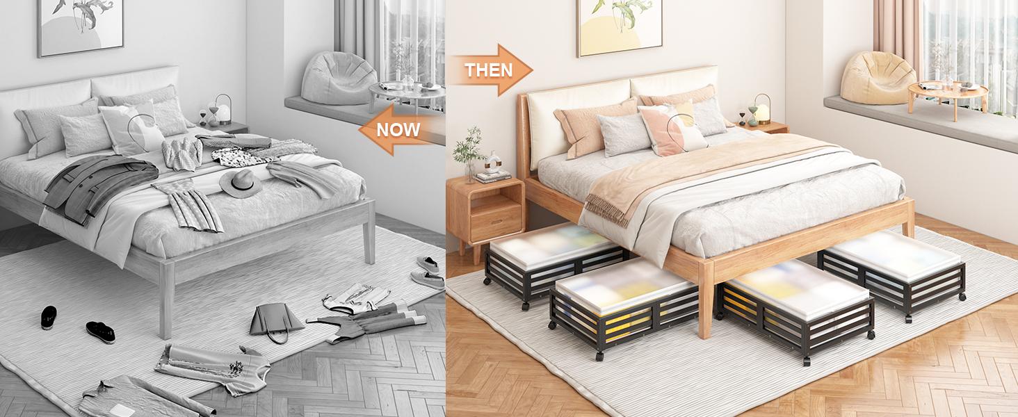 Bed with Wheels-Large Bamboo Underbed Containers with Large Dust Bag Stackable the Bed Shoe Bins for Clothes Books Bedding (2 Packs Black, 23.62"L*16.54"W* 6.51"H)