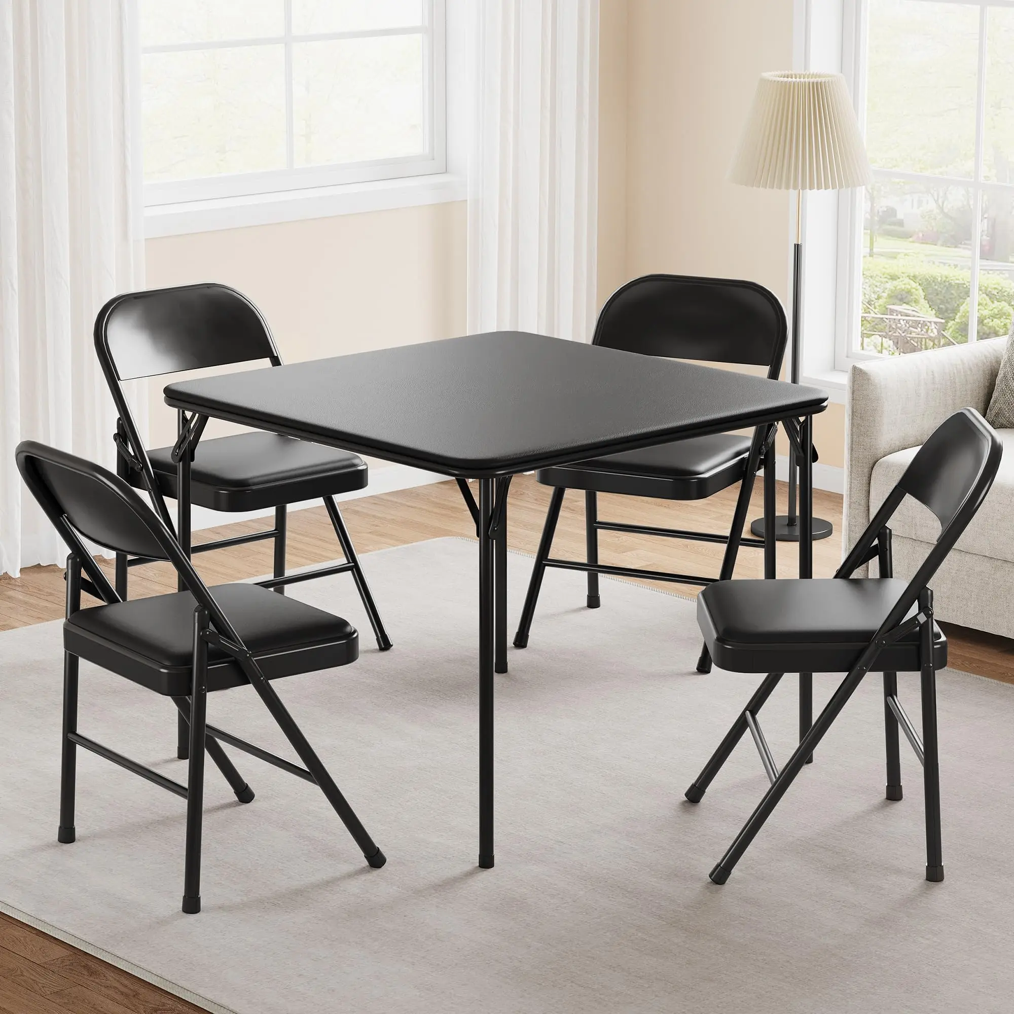 Folding Portable Card Table and Foldable Chair Set of 5 with PU Upholstered Chairs and Metal Frame Table, Ideal for Dining Room, Living Room, Office, and Camping Use