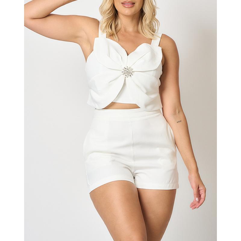 Women's 2 Pieces Outfit 3D Flower Thick Strap Crop Tank and Casual Pocket Design Shorts Set Minimalist Womenswear(gift)