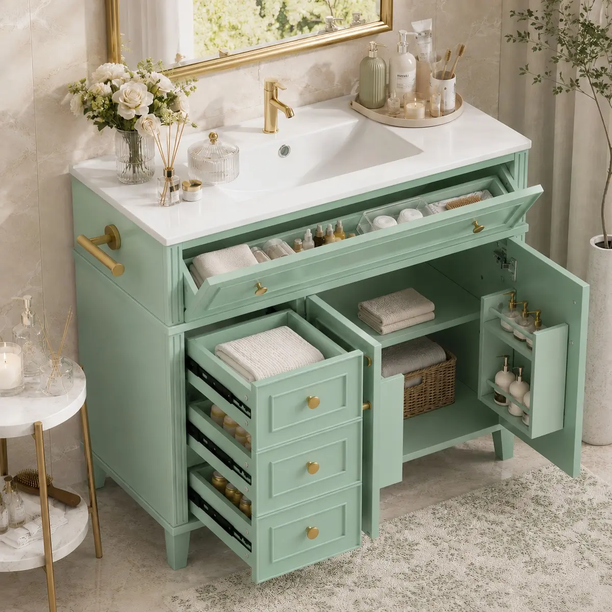 36 Inch Modern Bathroom Vanity with Sink, Sage Green Freestanding Vanity Cabinet with Top Tilt-Out Storage, 3 Side Drawers, Adjustable Shelf, Reversible Towel Bar and Matte Gold Hardware