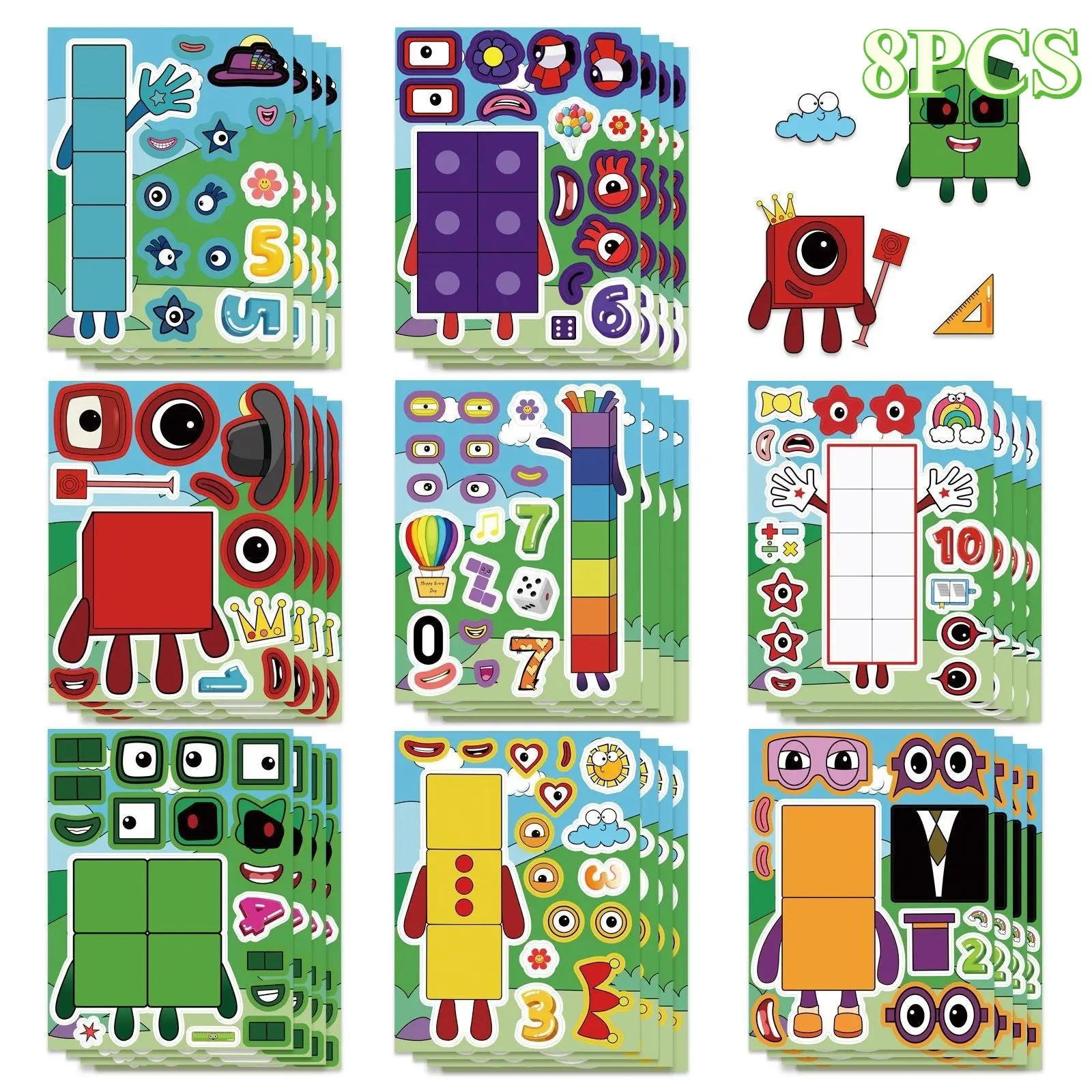 8Pcs Number Block Face Swap Stickers - Cute Funny Abstract Puzzle DIY Craft, Sticker Sheets, Funny Stickers Pack, Decals, Scrapbooking Ephemera for Scrapbook, Journal, Journaling Stickers, Laptop, Water Bottle, Gift