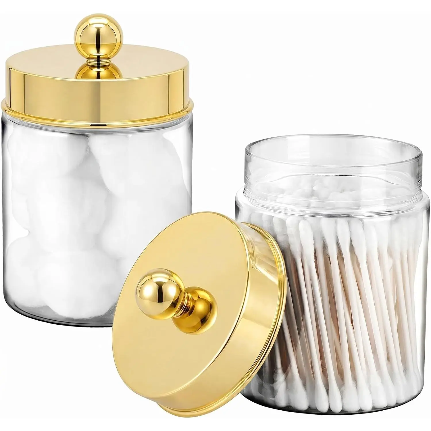 Acrylic Apothecary Jar Bathroom Qtip Holder Gold 2 Pack | for Bathroom Storage Vanity , Countertop, Farmhouse Style, Holds Cotton Swabs, Dental Floss, Makeup Sponges,Gold Decor