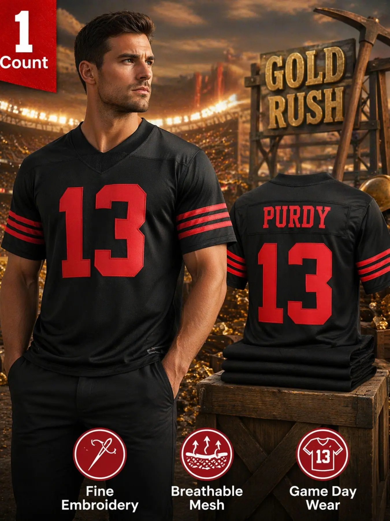 #13 #23 Embroidered American Football for Men Women, Classic Black Red Stitched Sports Jersey, Jersey Top, Breathable Short Sleeve Uniform for Football Fans & Streetwear