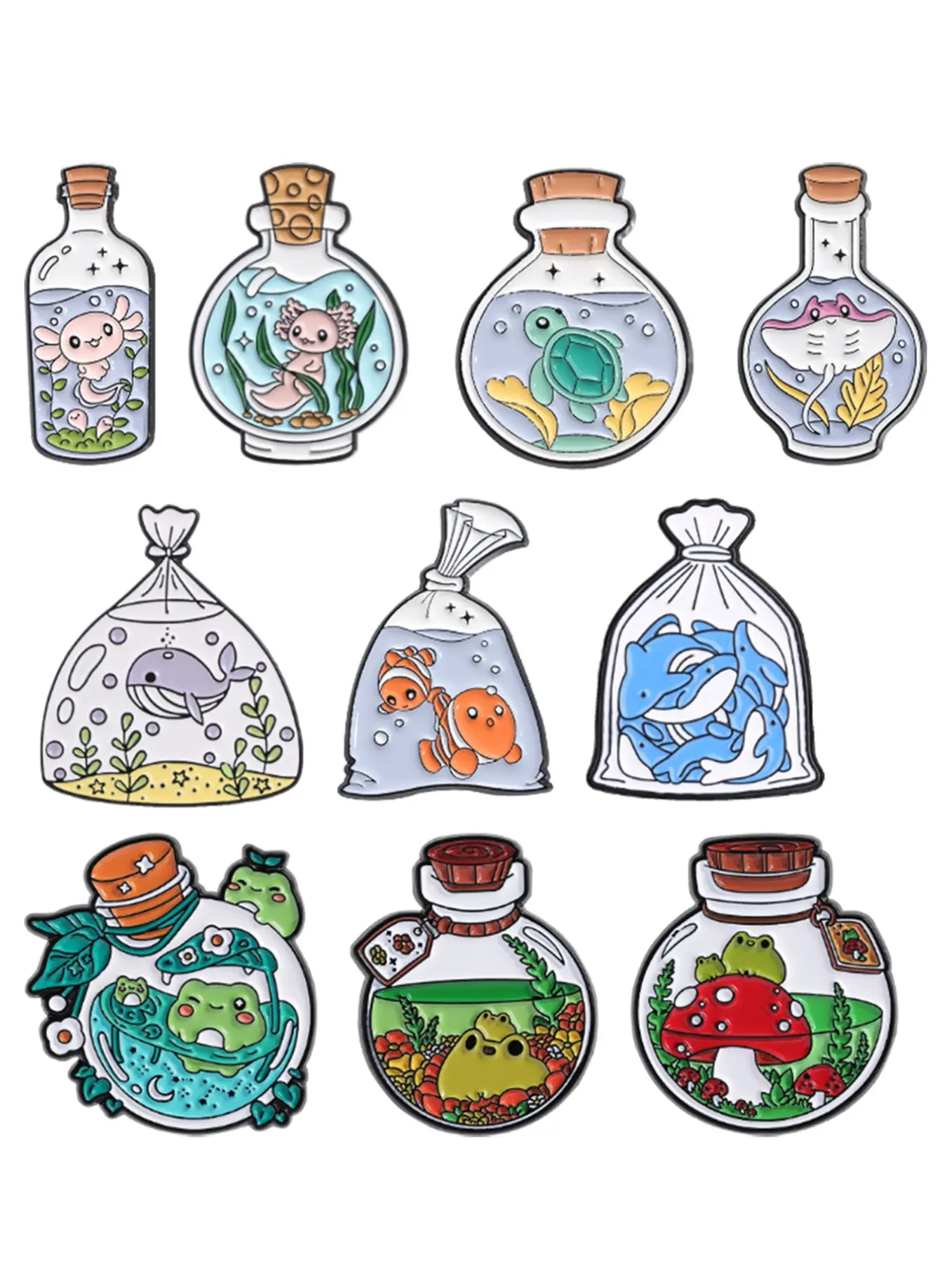 10pcs Kawaii Bottle Micro World Enamel Pin Set, Healing Sea & Forest Cute Creature Brooch, Adorable Accessories for Fans