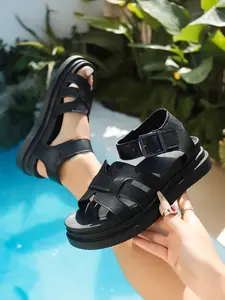 Women's New PU Leather H-Strap Thick Sole Sandals, Anti-Slip Lightweight Back Strap, Pool/breakfast/vacation/weekend Wear, All Seasons Casual Shoes