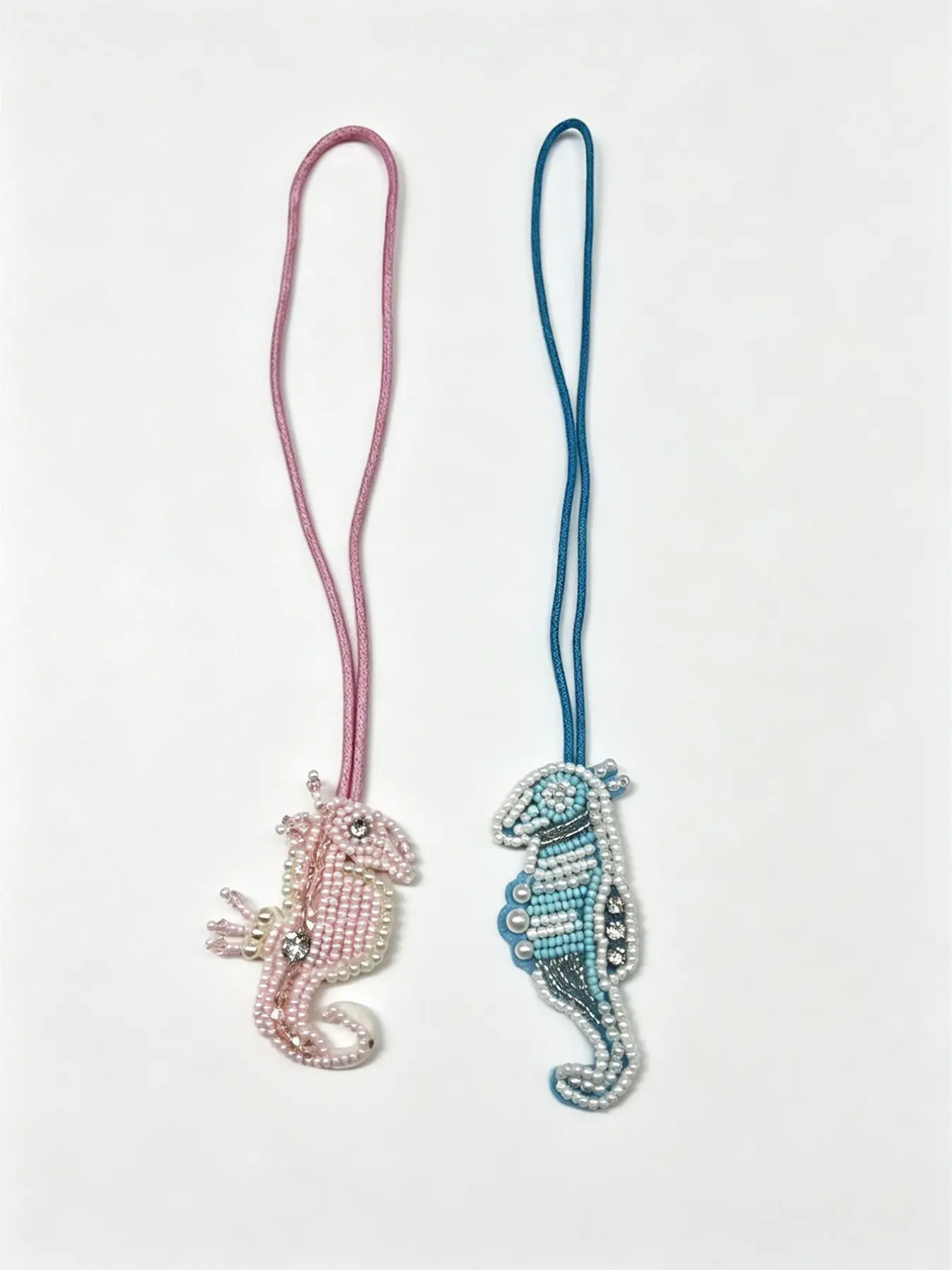 Two Blue Color Block Handmade Horse Pendant Set, Pearl Rhinestone Beaded Embroidered Keychain, Backpack Zipper Charm for Friends Couples Family