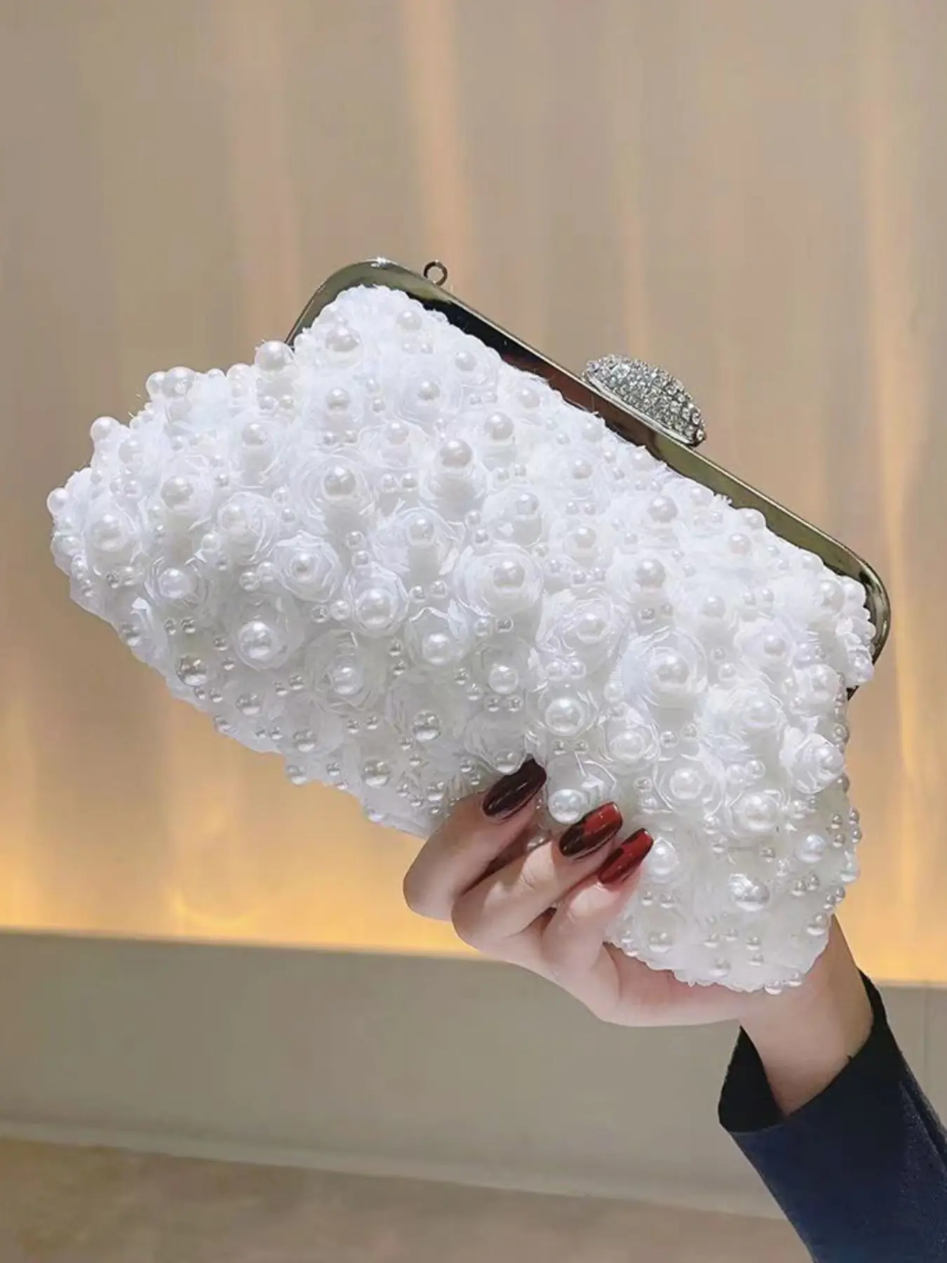 Pearl Rose Flower Evening Bag, Romantic Lace Rhinestone Box Clutch, Bridesmaid Party Handbag, Chain Strap, All Seasons