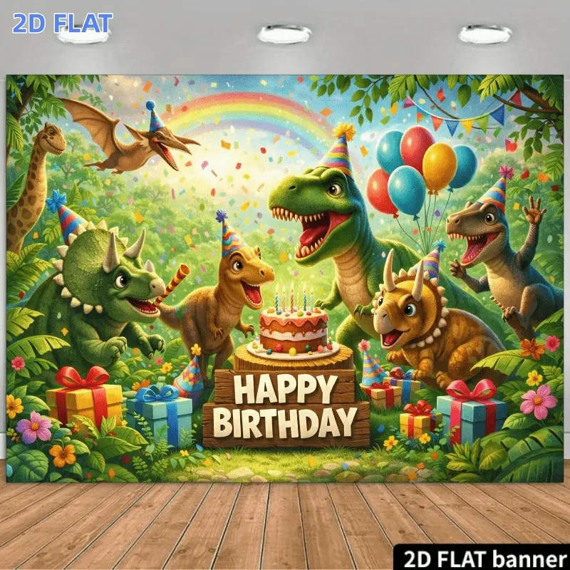2D Flat Banner 1pc, Dinosaur Birthday Decorations, A 2D Dinosaur-Themed Birthday Backdrop Features Cartoon Dinosaurs with Colorful Party Hats around a Birthday Cake with Candles, Background has Lush Tropical Jungle