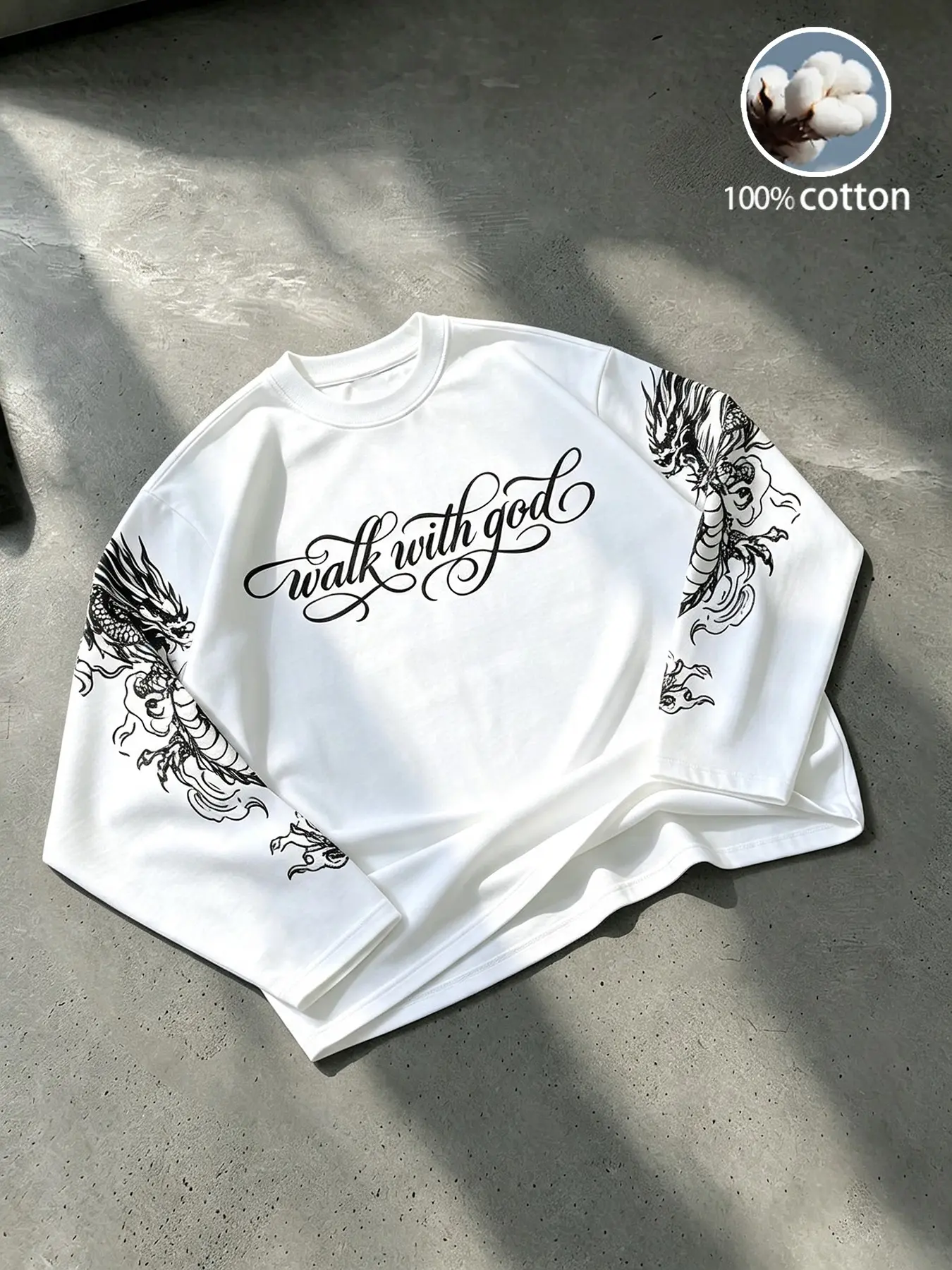 Unisex Y2K Street Style Long Sleeve T-Shirt, 100% Cotton,"Walk with God" Lettering and Dragon Totem Long-Sleeve T-Shirt with Sleeve Graphics, Suitable for streetwear, Y2K, and high-street styles,Back-to-School Outfits, Couples Outfit