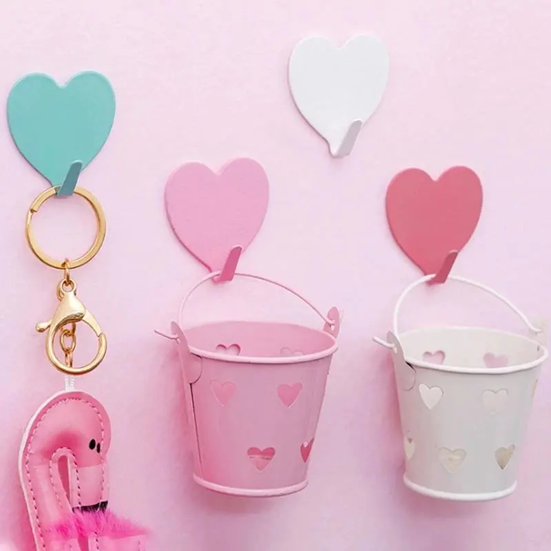 Ins Heart-Shaped Wall Adhesive Hooks Cute Durable Hooks Punch Free Wall Storage Holder Simple Behind-door Keys Umbrella Hooks