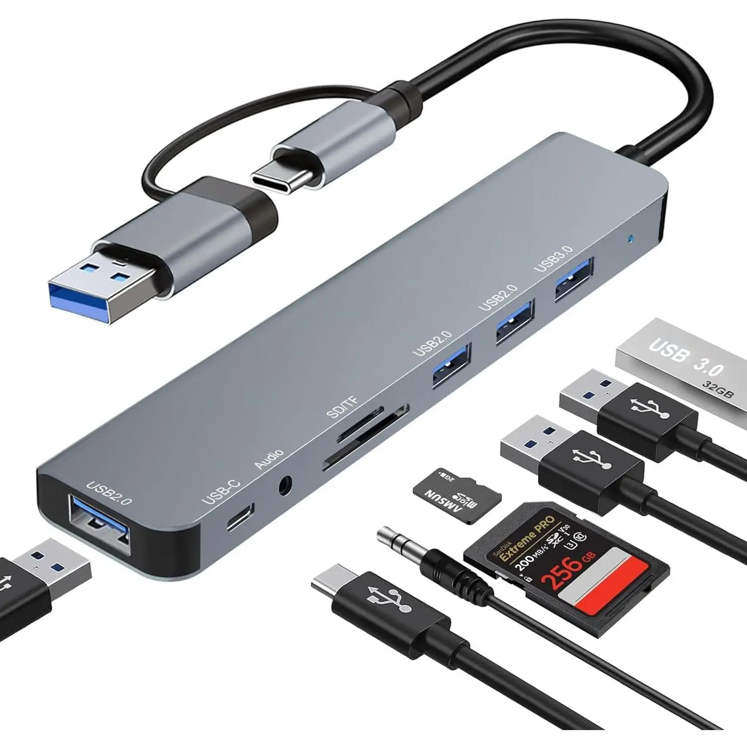 USB C Hub USB Hub 3.0, Upgrade 8 in 2 USB Splitter with USB-C/4 USB A Port Extender, TF/SD Card Reader, 3.5mm Audio Adapter, USBC USB Dongle for PC/Laptop/Tablet//MacBook/iPad and  Devices