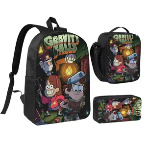 Anime Gravity Falls 3Pcs School Backpack Set for Teens Boys Girls, Adjustable Strap Kids Bookbag with Insulated Lunch Bag & Pencil Case, Lightweight Travel Office Daypack