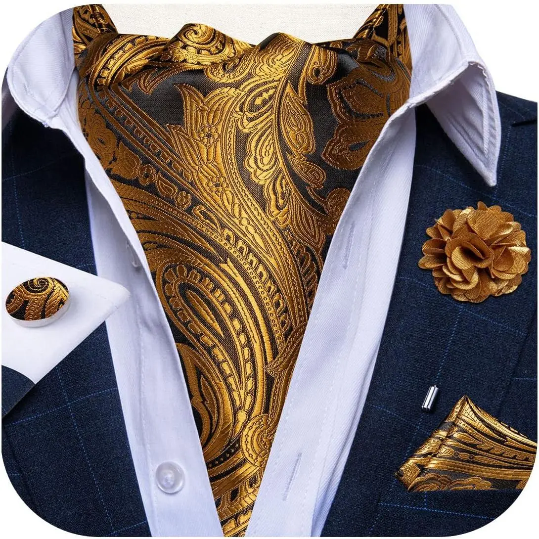 Mens Silk Ascot Ties Paisley Jacquard Woven Cravat and Pocket Square Cufflinks with Lapel Pin for Business Wedding