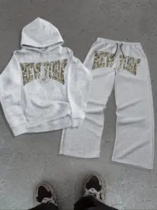 Unisex Y2K High Street Heavyweight Hoodie and Pants Matching Set with Camo New York Lettering - Comfy Oversized Sweatsuit & Wide-Leg Joggers for Casual Wear, Gym Pump Cover, and Airport Fashion